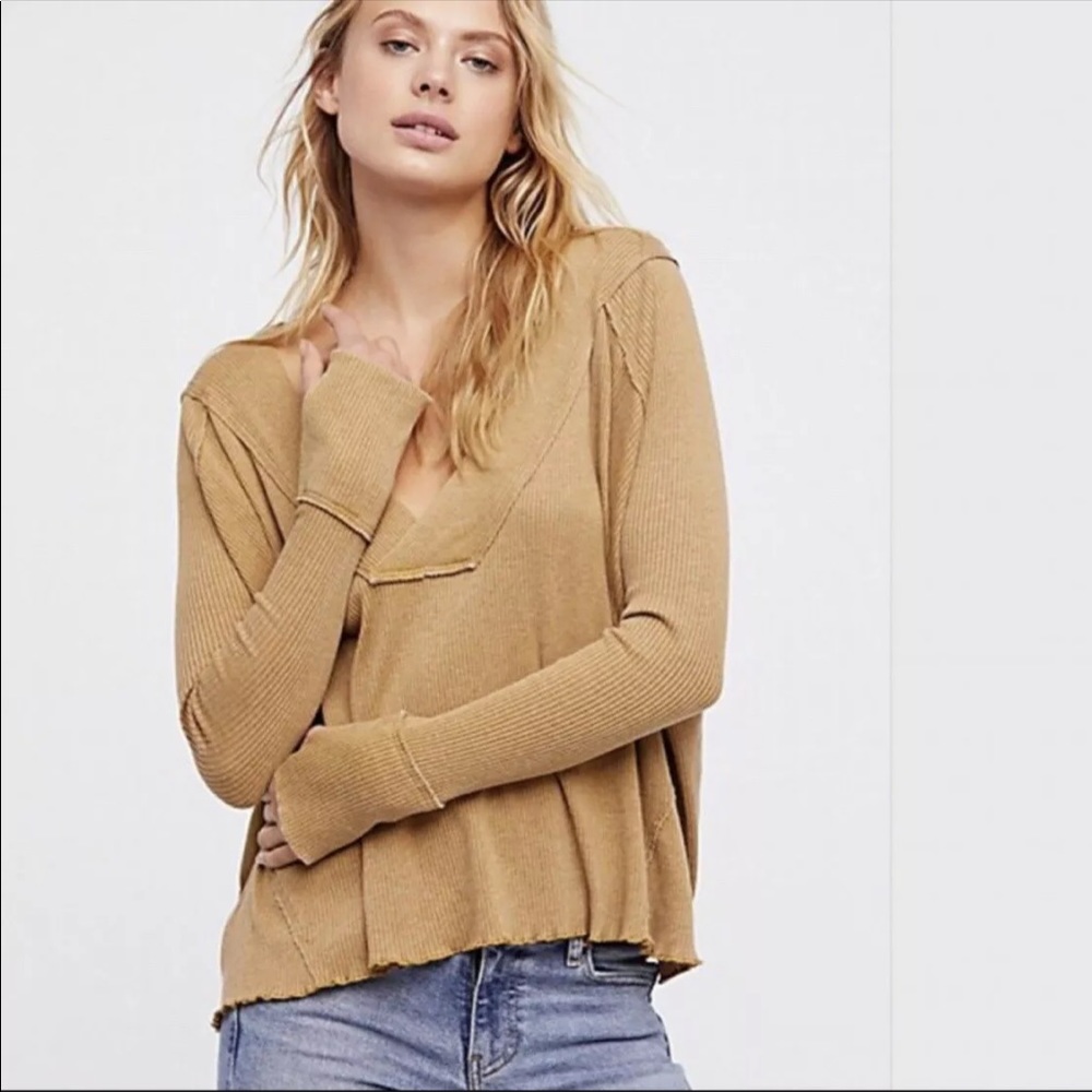 Free People Oceanview Thermal V Neck Sweater Moss